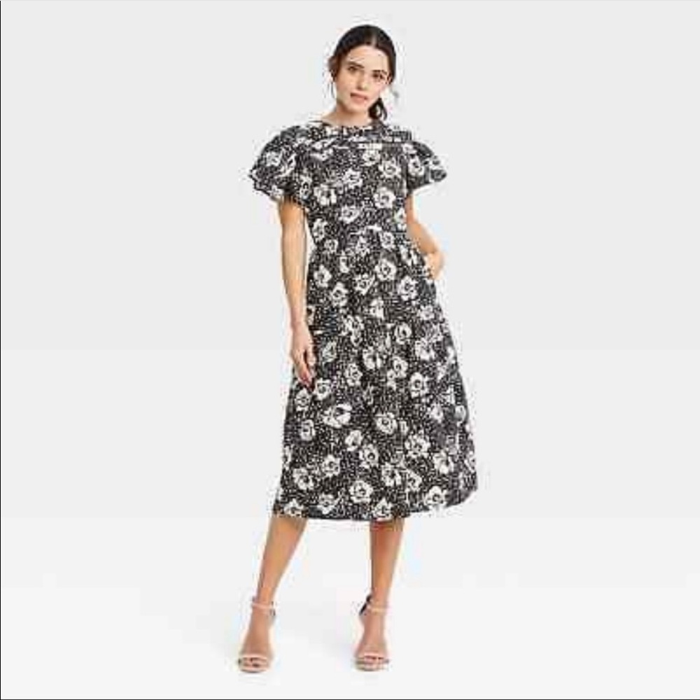 Womens Who What Wear Floral Black Flutter Sleeve Midi Dress